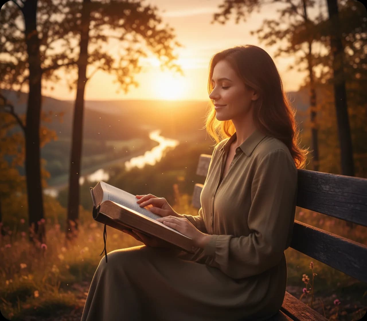 A believer reading Scripture at sunrise
